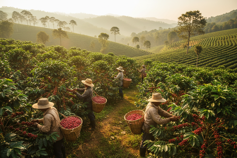 people picking coffee beans at origin